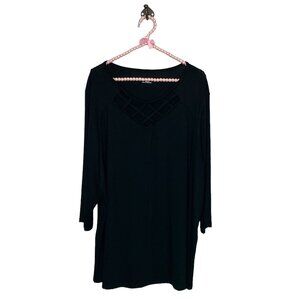 Catherines 1X Black Strappy Cage Front Illusion V-Neck Knit Top Blouse‎ Plus